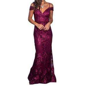Off-Shoulder Burgundy Lace Maxi Dress